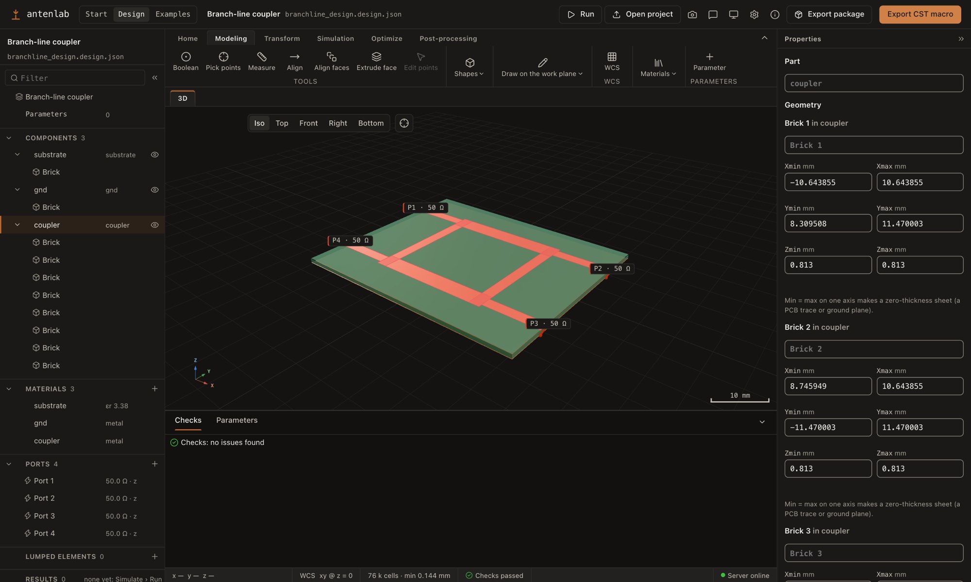The Fairbeam designer with the Modeling ribbon tab: the navigation tree with components, materials and ports on the left, the branch-line coupler in the 3D view with its four 50 ohm ports, and the selected part's dimensions on the right.