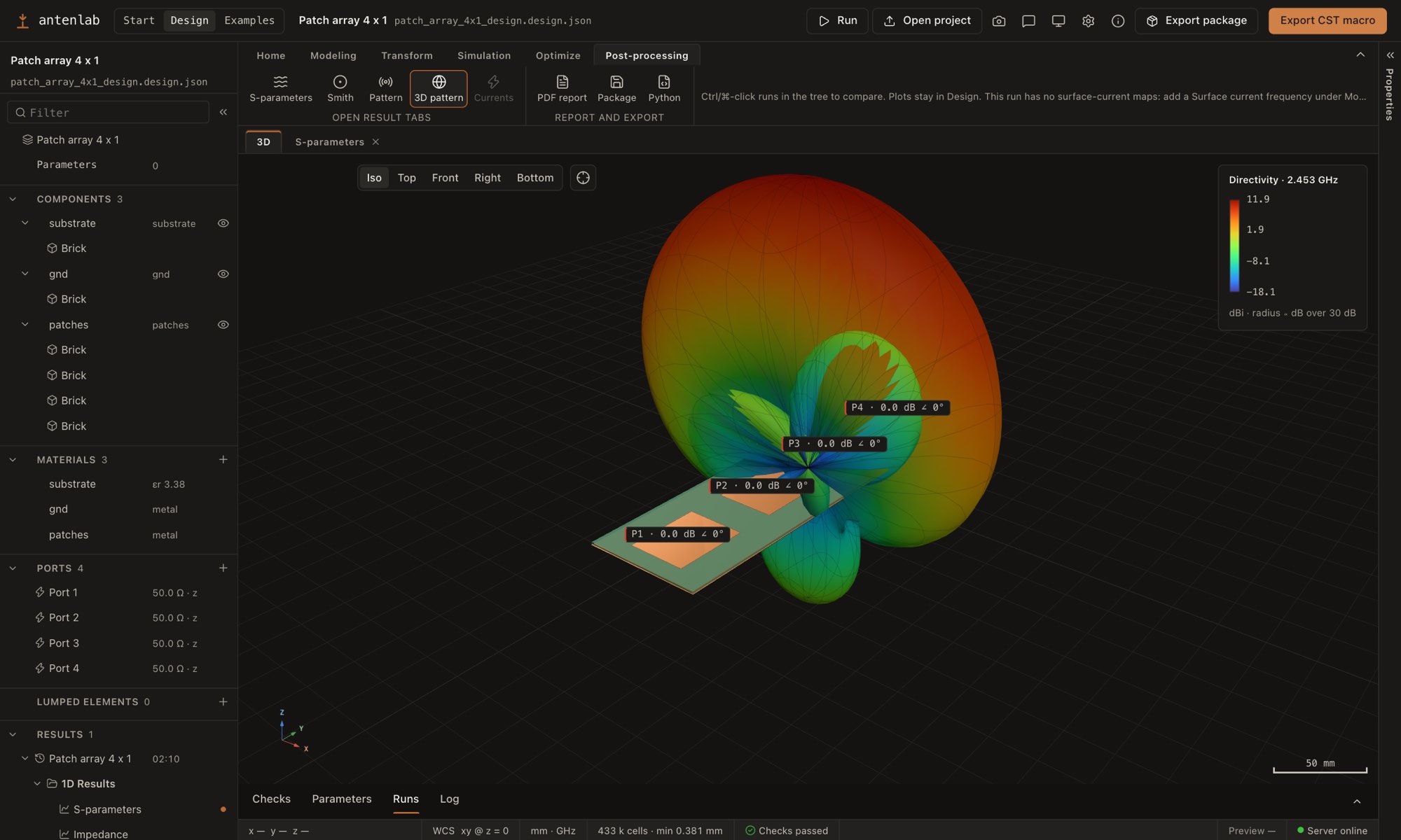 The Fairbeam designer with the Post-processing ribbon tab: the 4 by 1 patch array with its 3D directivity pattern at 2.453 GHz, and the run listed under Results in the navigation tree.